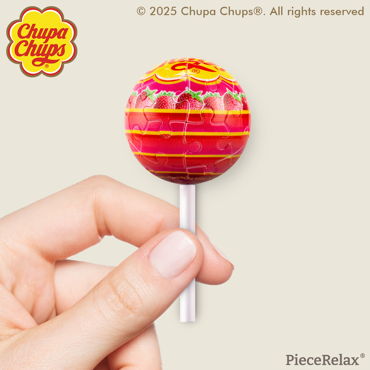 Craving the taste of strawberry? Chupa Chups create special lollipops for you to take wherever you go! Whenever you need a sweet boost of energy, just take a look at your keychain, and you'll feel recharged! You’ll Always Get There with PieceRelax and Chupa Chups.