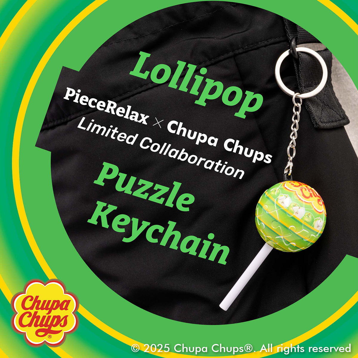 Craving the taste of green apple? Chupa Chups create special lollipops for you to take wherever you go! Whenever you need a sweet boost of energy, just take a look at your keychain, and you'll feel recharged! You’ll Always Get There with PieceRelax and Chupa Chups.