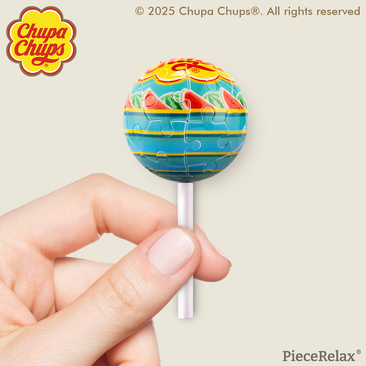 Craving the taste of watermelon? Chupa Chups create special lollipops for you to take wherever you go! Whenever you need a sweet boost of energy, just take a look at your keychain, and you'll feel recharged! You’ll Always Get There with PieceRelax and Chupa Chups.