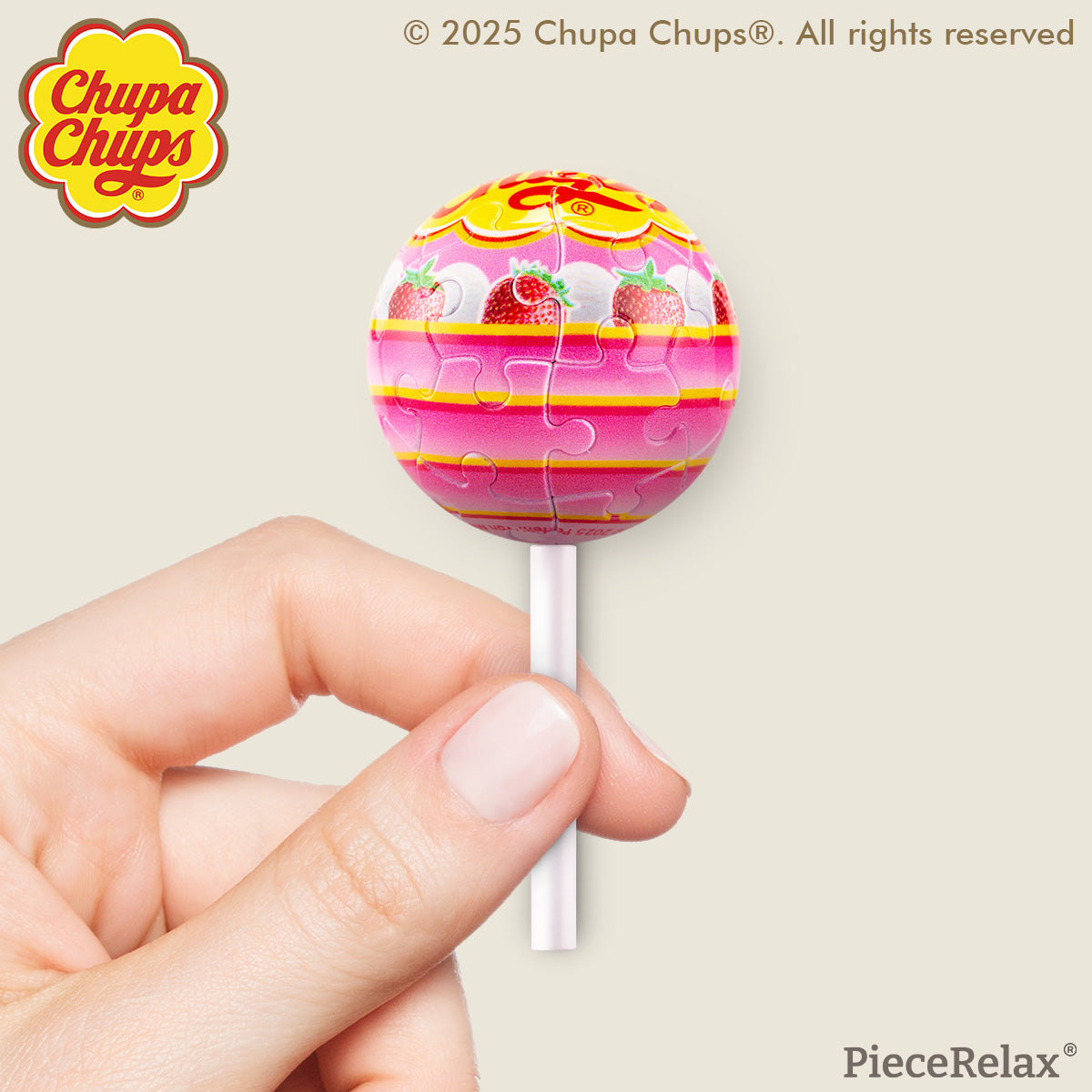Craving the taste of strawberry cream? Chupa Chups create special lollipops for you to take wherever you go! Whenever you need a sweet boost of energy, just take a look at your keychain, and you'll feel recharged! You’ll Always Get There with PieceRelax and Chupa Chups.