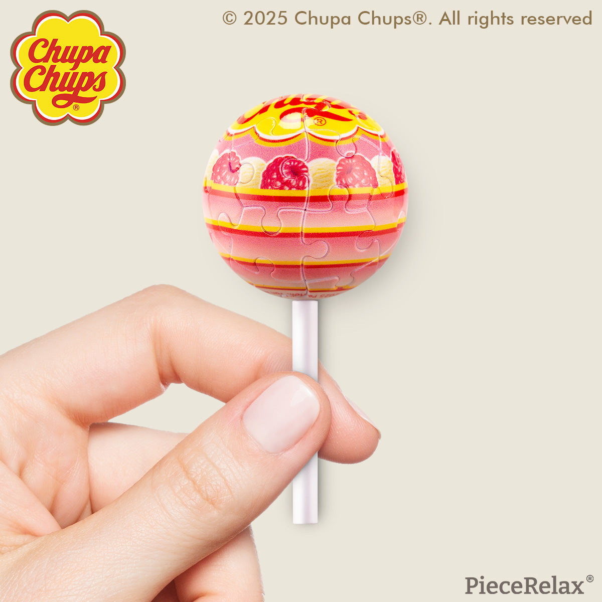 Craving the taste of raspberry cream? Chupa Chups create special lollipops for you to take wherever you go! Whenever you need a sweet boost of energy, just take a look at your keychain, and you'll feel recharged! You’ll Always Get There with PieceRelax and Chupa Chups.
