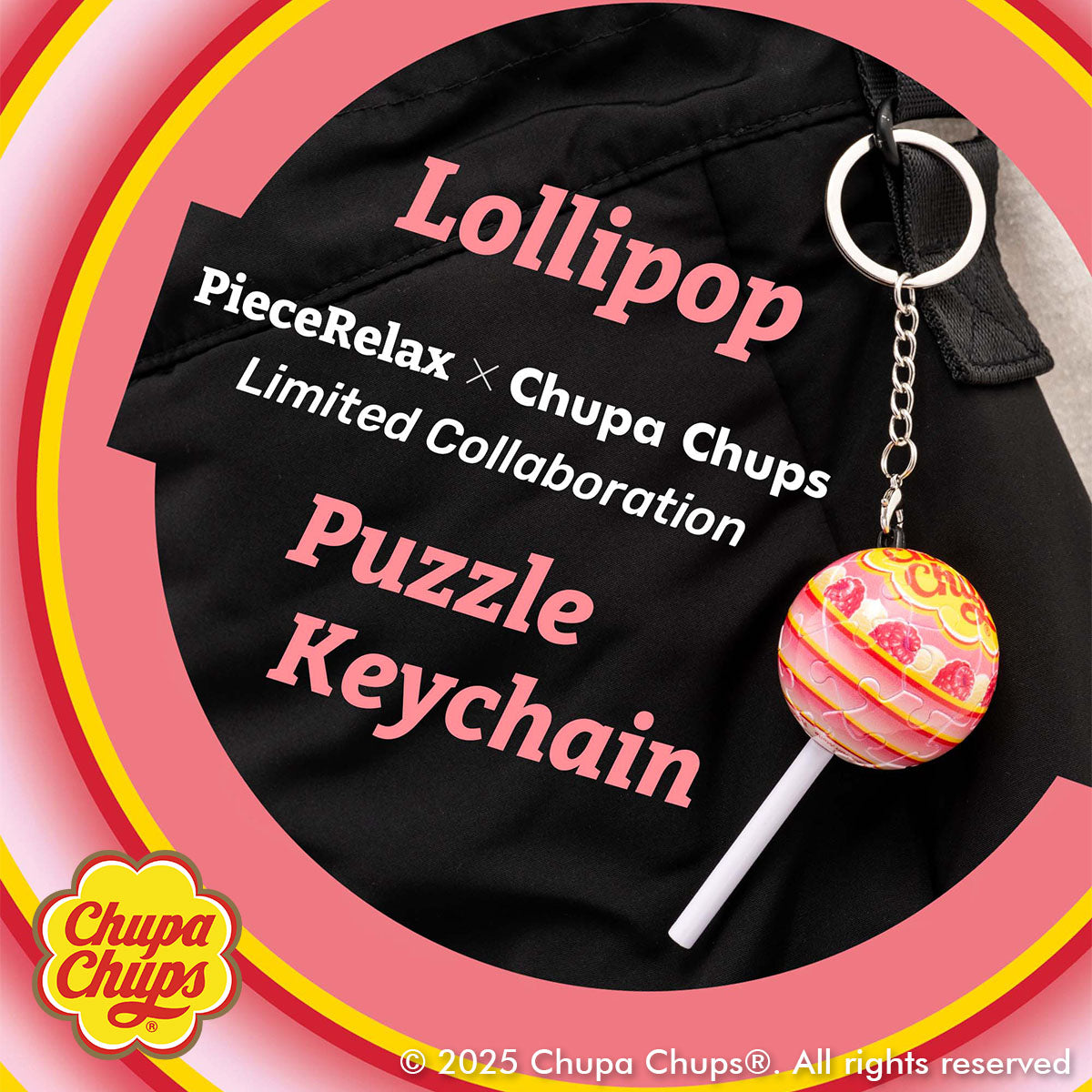 Craving the taste of raspberry cream? Chupa Chups create special lollipops for you to take wherever you go! Whenever you need a sweet boost of energy, just take a look at your keychain, and you'll feel recharged! You’ll Always Get There with PieceRelax and Chupa Chups.