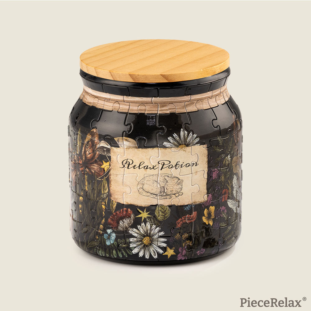 Unwind with our 96-piece "Relax Potion" puzzle in a charming jar. Featuring intricate floral designs and a cozy cat, PieceRelax provides a soothing experience. You'll always get there with PieceRelax!