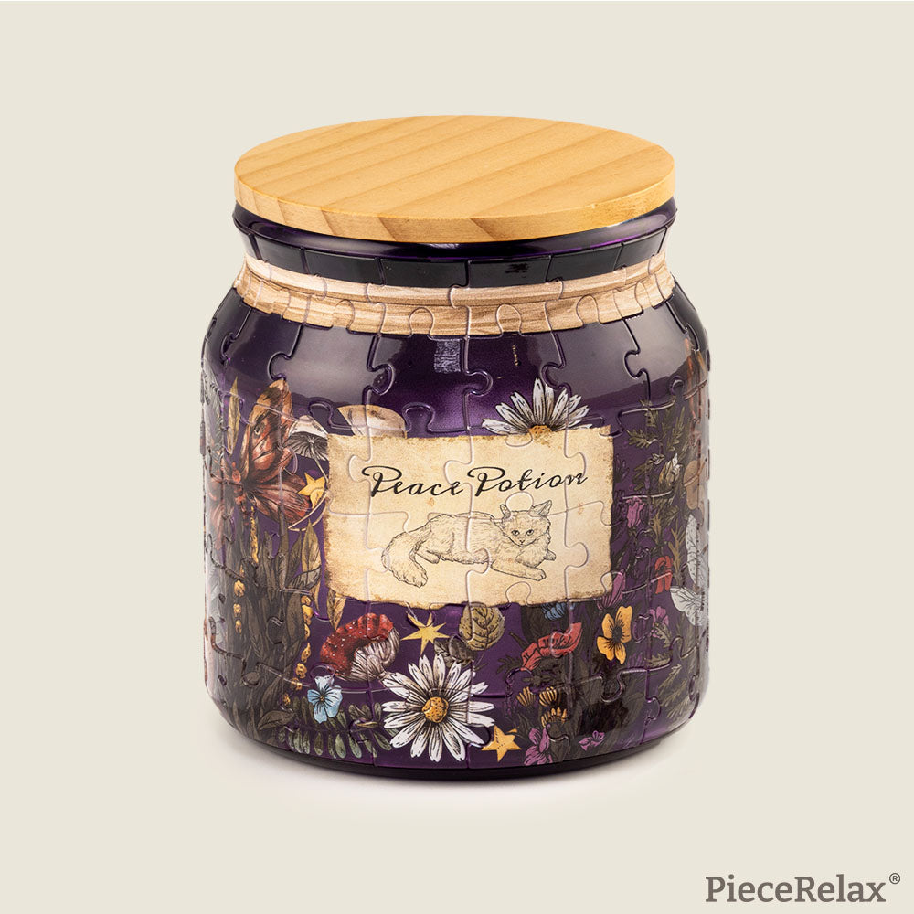 Experience serenity with our 96-piece "Peace Potion" puzzle in a whimsical jar. With delicate floral patterns and a peaceful kitten, PieceRelax offers a moment of pure calm. You'll always get there with PieceRelax!