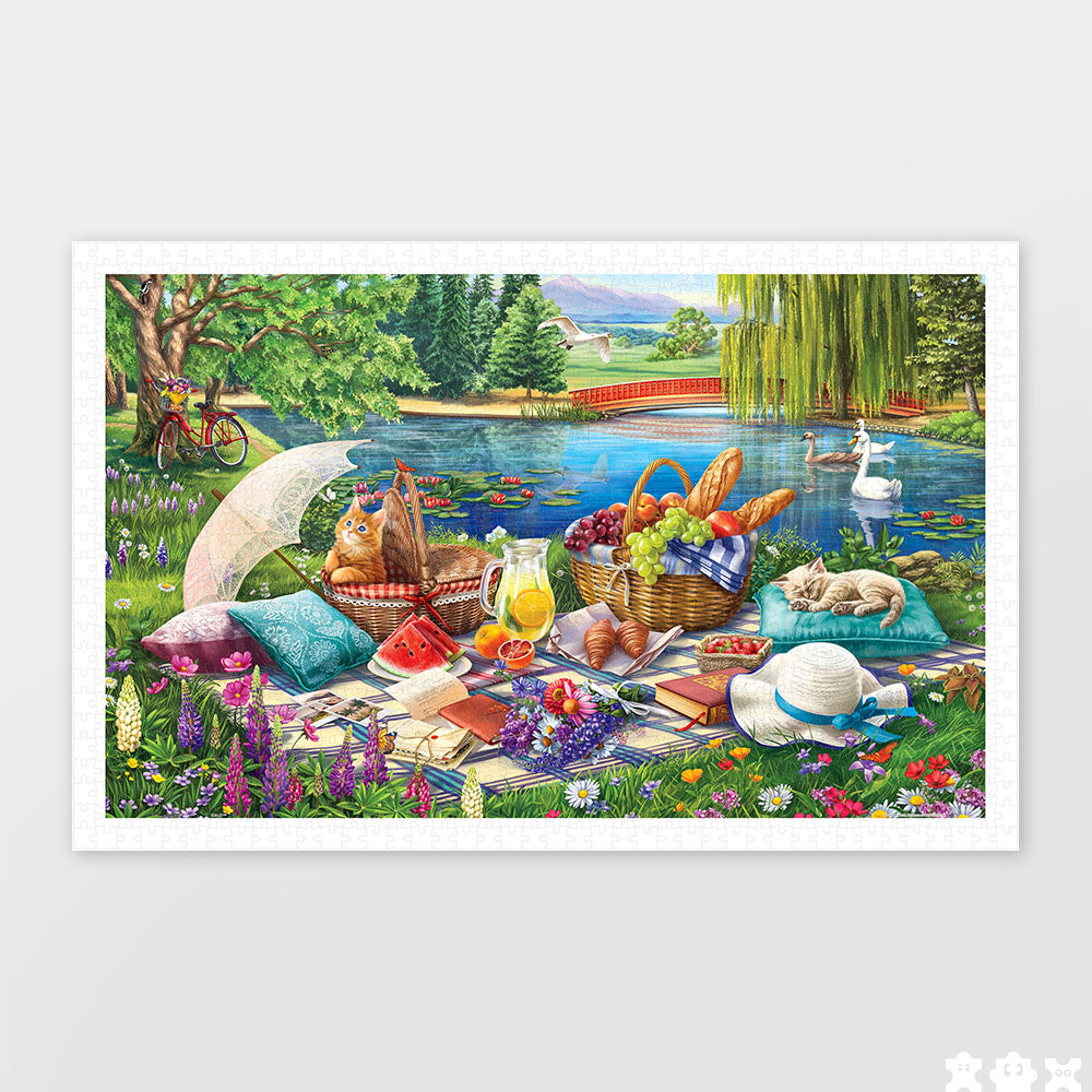 PieceRelax| 1000 piece puzzle. Step into a serene picnic by the lake with PieceRelax! This vibrant puzzle features a beautiful outdoor scene filled with colorful details. Enjoy the relaxing journey of piecing together nature's beauty.