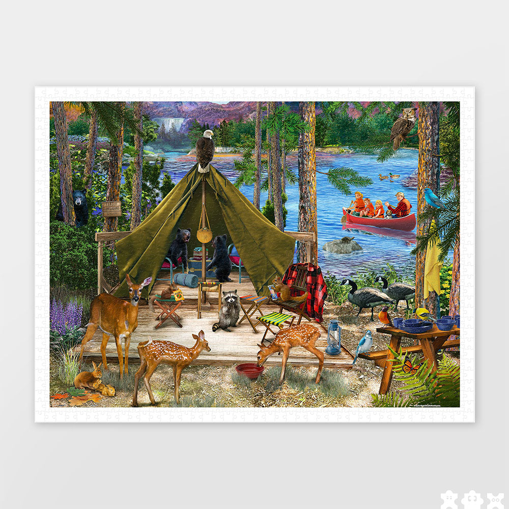 PieceRelax | 1200 piece puzzle. Experience the wonders of nature with PieceRelax puzzle. Featuring a cozy campsite surrounded by woodland creatures like deer and bears, PieceRelax ensures you'll always get there, enjoying every piece of this vibrant scene.