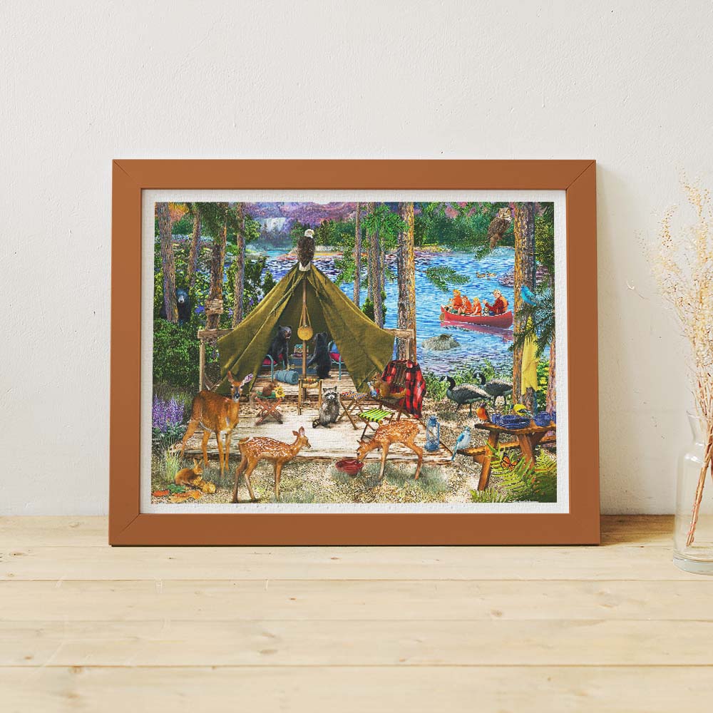PieceRelax | 1200 piece puzzle. Experience the wonders of nature with PieceRelax puzzle. Featuring a cozy campsite surrounded by woodland creatures like deer and bears, PieceRelax ensures you'll always get there, enjoying every piece of this vibrant scene.