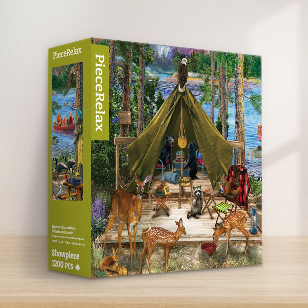 PieceRelax | 1200 piece puzzle. Experience the wonders of nature with PieceRelax puzzle. Featuring a cozy campsite surrounded by woodland creatures like deer and bears, PieceRelax ensures you'll always get there, enjoying every piece of this vibrant scene.