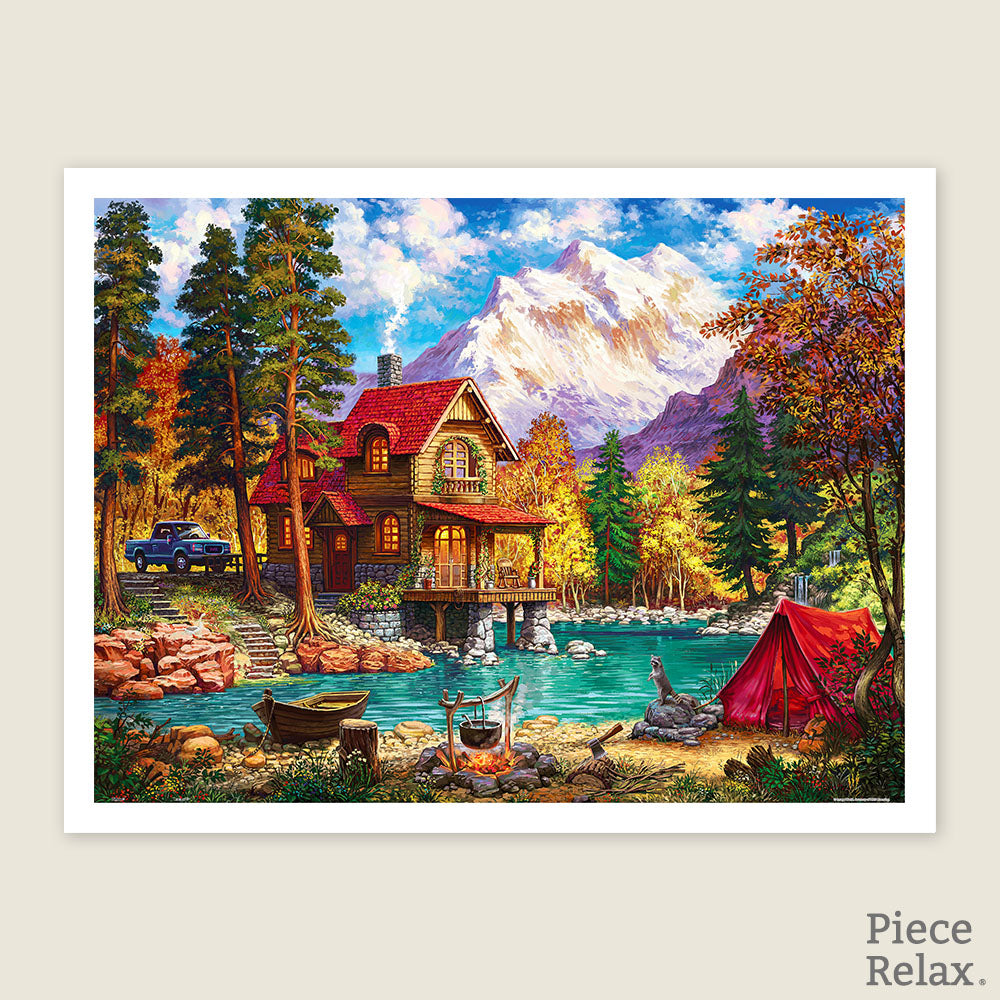 PieceRelax | 1200 piece puzzle. Escape to tranquility with PieceRelax puzzle. This picturesque scene includes a cozy cabin by the lake and a majestic mountain backdrop.
