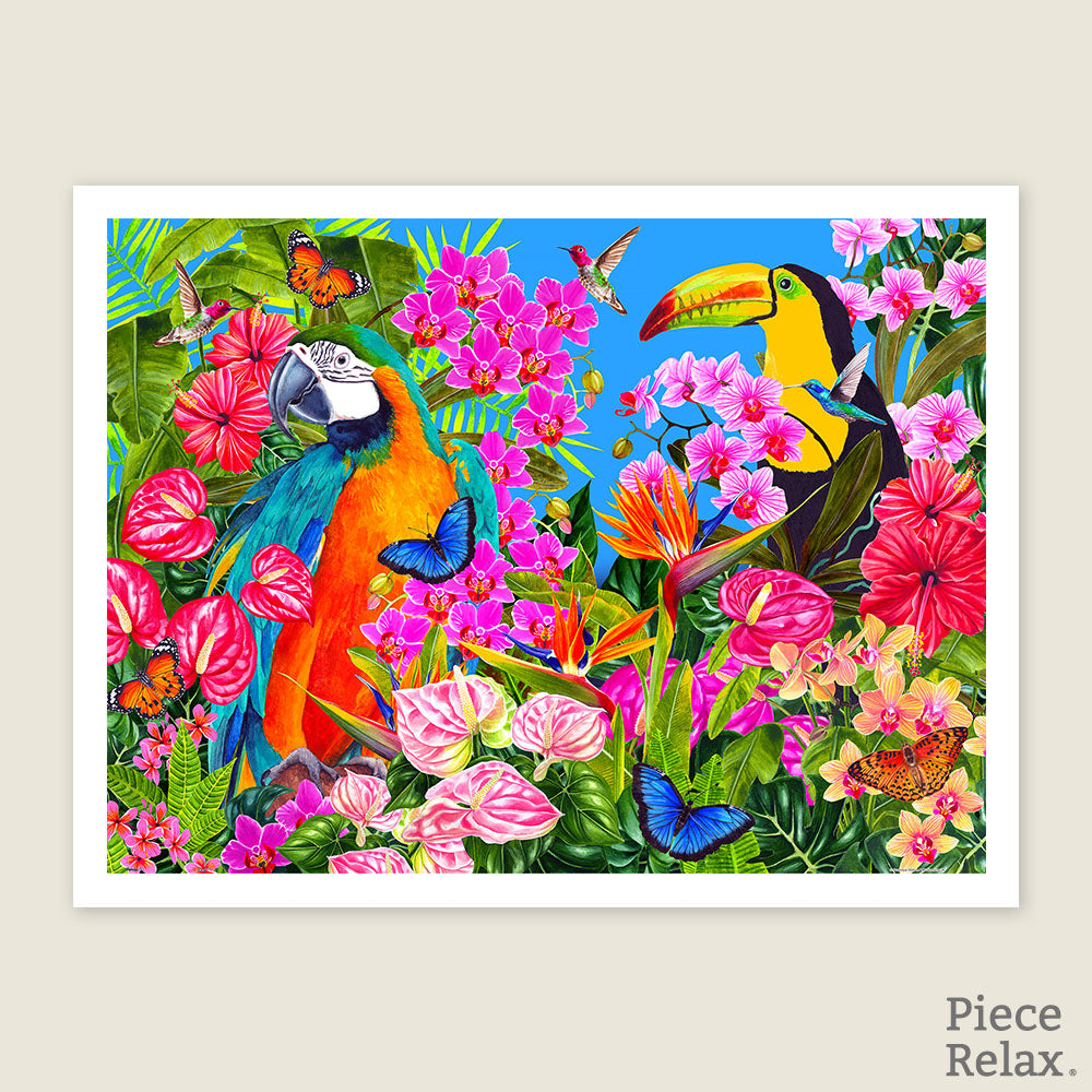 PieceRelax | 1200 piece puzzle. Discover the vibrant colors of 'Tropical Paradise' with PieceRelax. This lively scene is filled with exotic flowers and birds, bringing a burst of tropical life into your home.