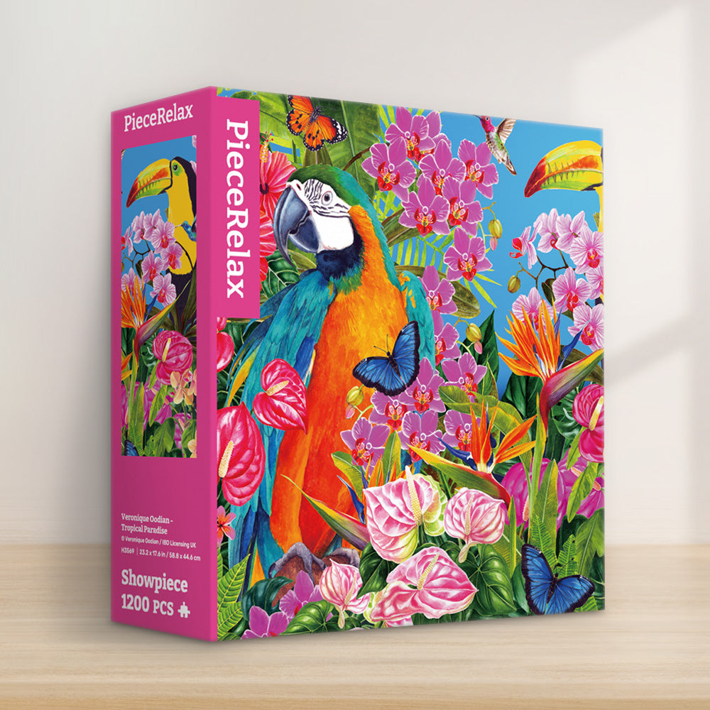 PieceRelax | 1200 piece puzzle. Discover the vibrant colors of 'Tropical Paradise' with PieceRelax. This lively scene is filled with exotic flowers and birds, bringing a burst of tropical life into your home.
