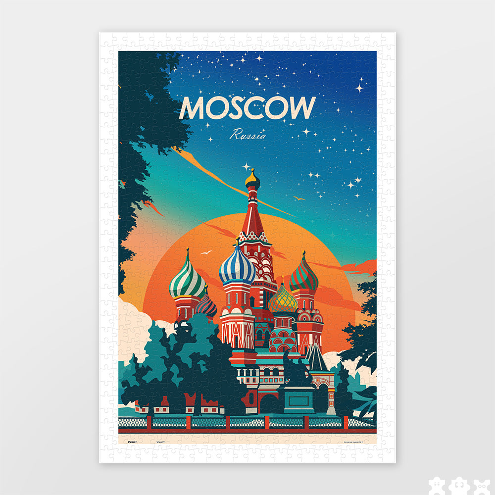 PieceRelax | 600 piece puzzle. Experience the charm of Moscow with PieceRelax. This vibrant puzzle showcases the iconic Saint Basil's Cathedral under a starry sky. You'll always get there, savoring every piece of Moscow's beauty.