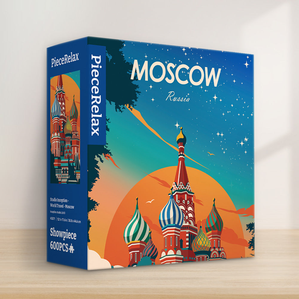 PieceRelax | 600 piece puzzle. Experience the charm of Moscow with PieceRelax. This vibrant puzzle showcases the iconic Saint Basil's Cathedral under a starry sky. You'll always get there, savoring every piece of Moscow's beauty.