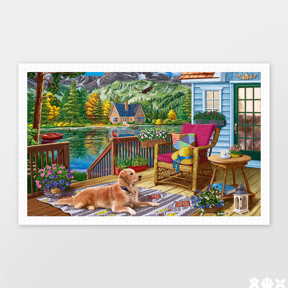PieceRelax | 1000 piece puzzle. Featuring a cozy dog and serene scenery, PieceRelax ensures a delightful experience.