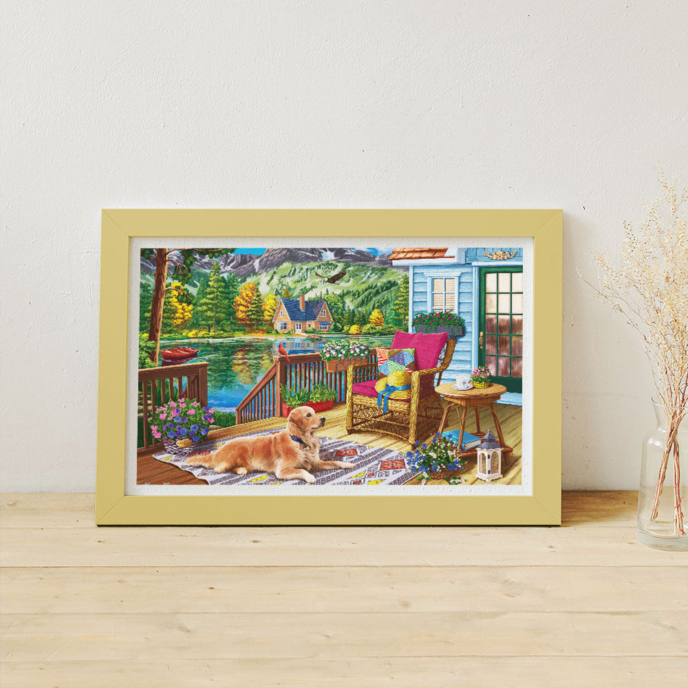 PieceRelax | 1000 piece puzzle. Featuring a cozy dog and serene scenery, PieceRelax ensures a delightful experience.