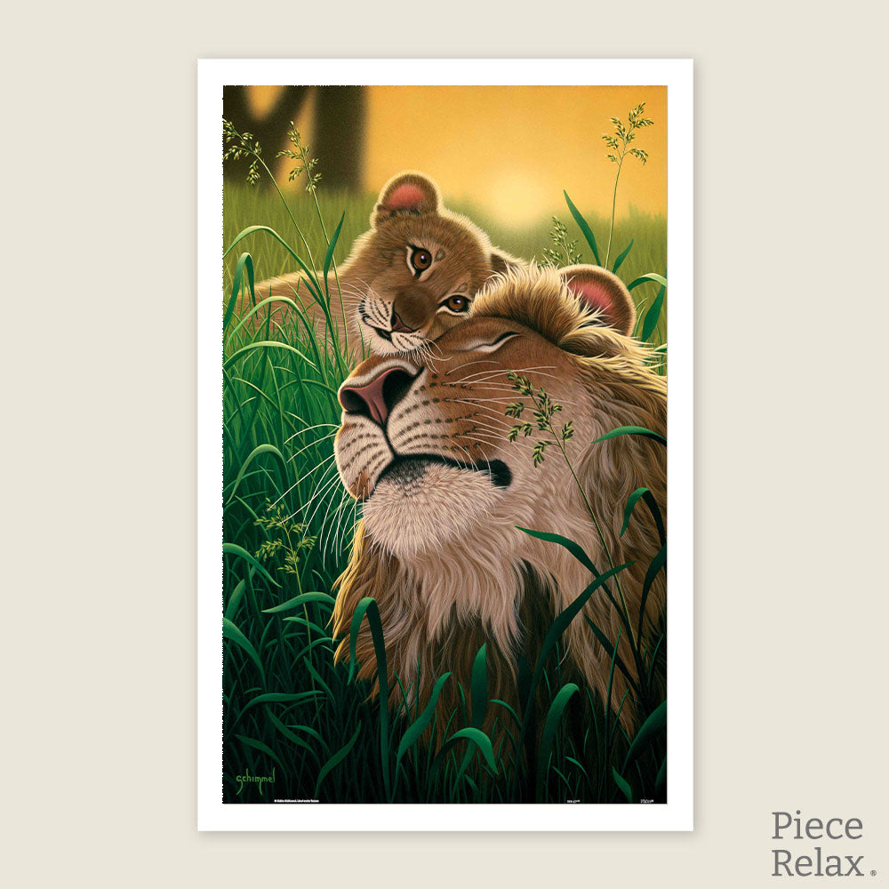 This heartwarming scene of a lion and its cub resting peacefully in the tall grass will bring a sense of calm to your puzzle time.