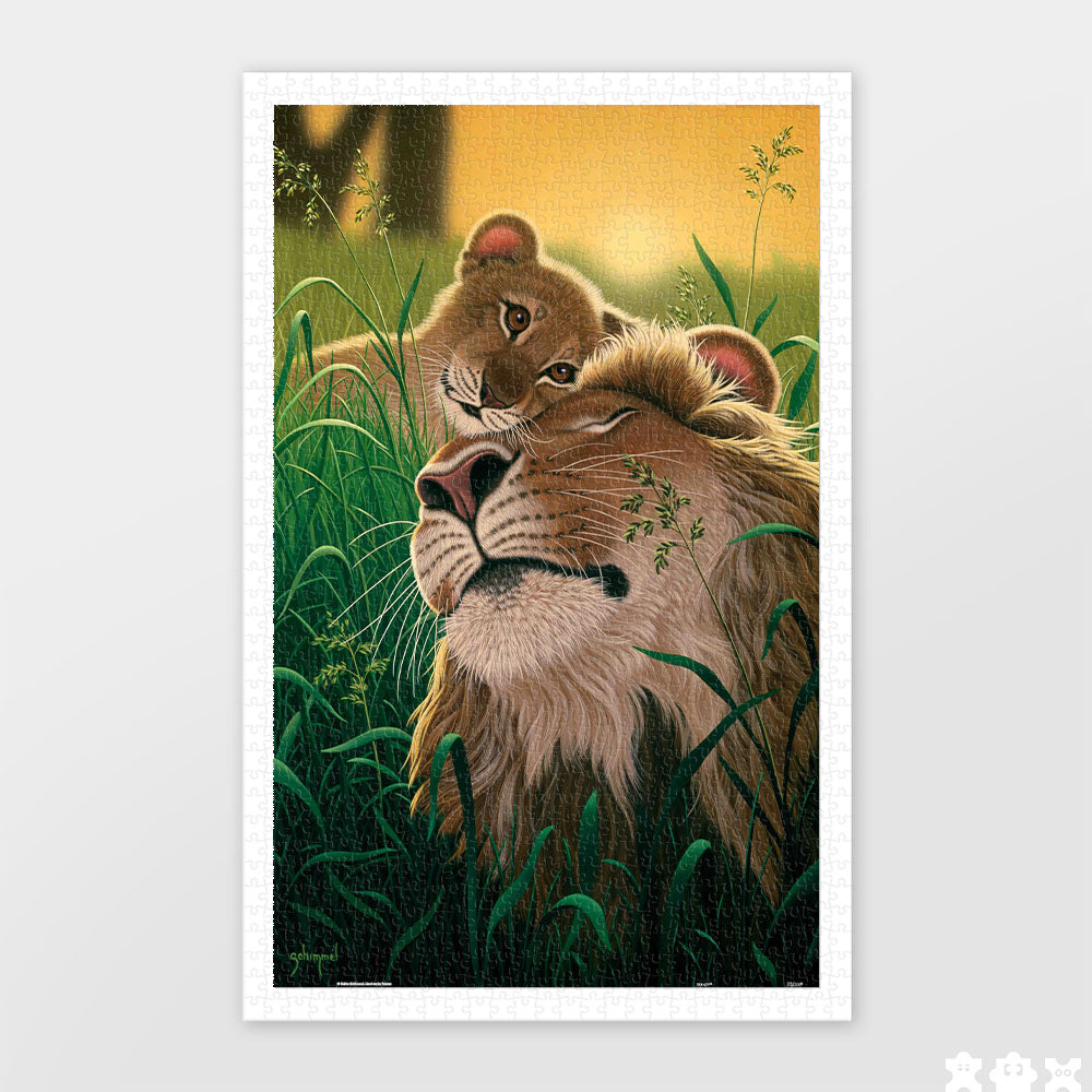 This heartwarming scene of a lion and its cub resting peacefully in the tall grass will bring a sense of calm to your puzzle time.