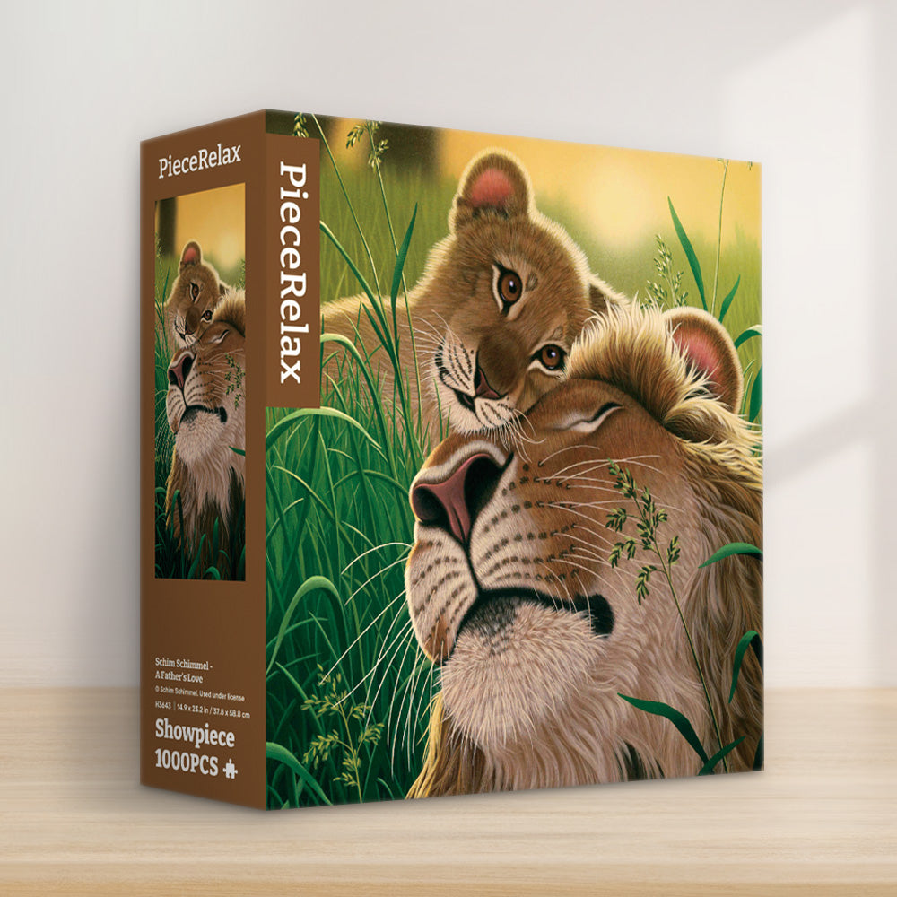 This heartwarming scene of a lion and its cub resting peacefully in the tall grass will bring a sense of calm to your puzzle time.