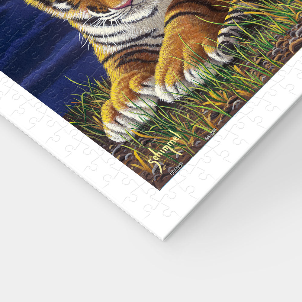 This captivating 900-piece puzzle features two tiger cubs nestled closely, basking in the peacefulness of night. Feel the warmth and comfort of this tender scene as you complete each piece.