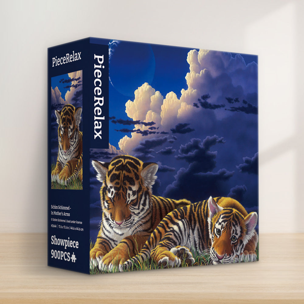 This captivating 900-piece puzzle features two tiger cubs nestled closely, basking in the peacefulness of night. Feel the warmth and comfort of this tender scene as you complete each piece.