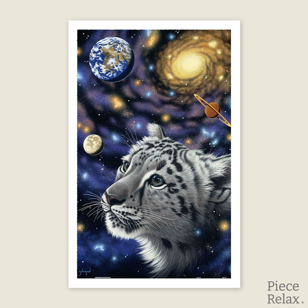 This stunning 1000-piece puzzle features a majestic snow leopard surrounded by the wonders of space, blending nature and the cosmos.