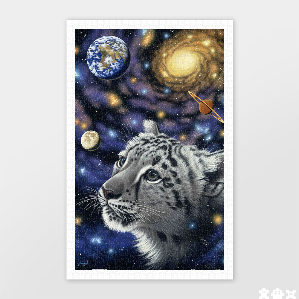 This stunning 1000-piece puzzle features a majestic snow leopard surrounded by the wonders of space, blending nature and the cosmos.