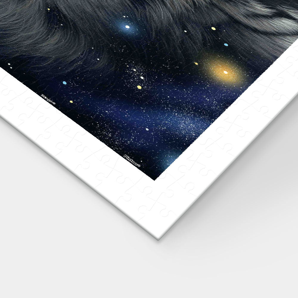 This stunning 1000-piece puzzle features a majestic snow leopard surrounded by the wonders of space, blending nature and the cosmos.