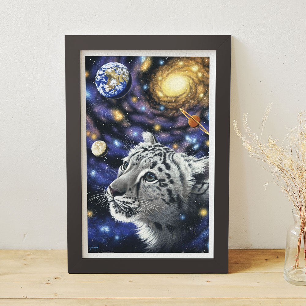 This stunning 1000-piece puzzle features a majestic snow leopard surrounded by the wonders of space, blending nature and the cosmos.