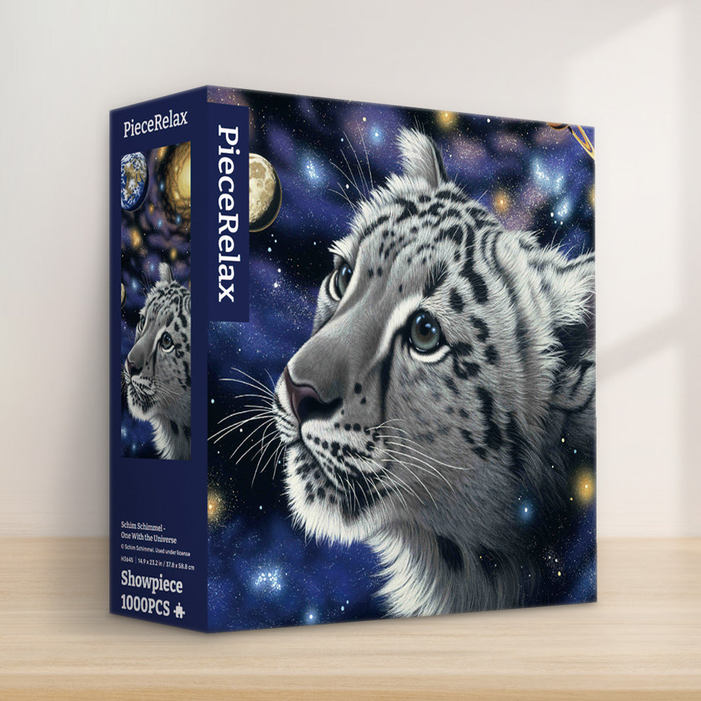 This stunning 1000-piece puzzle features a majestic snow leopard surrounded by the wonders of space, blending nature and the cosmos.