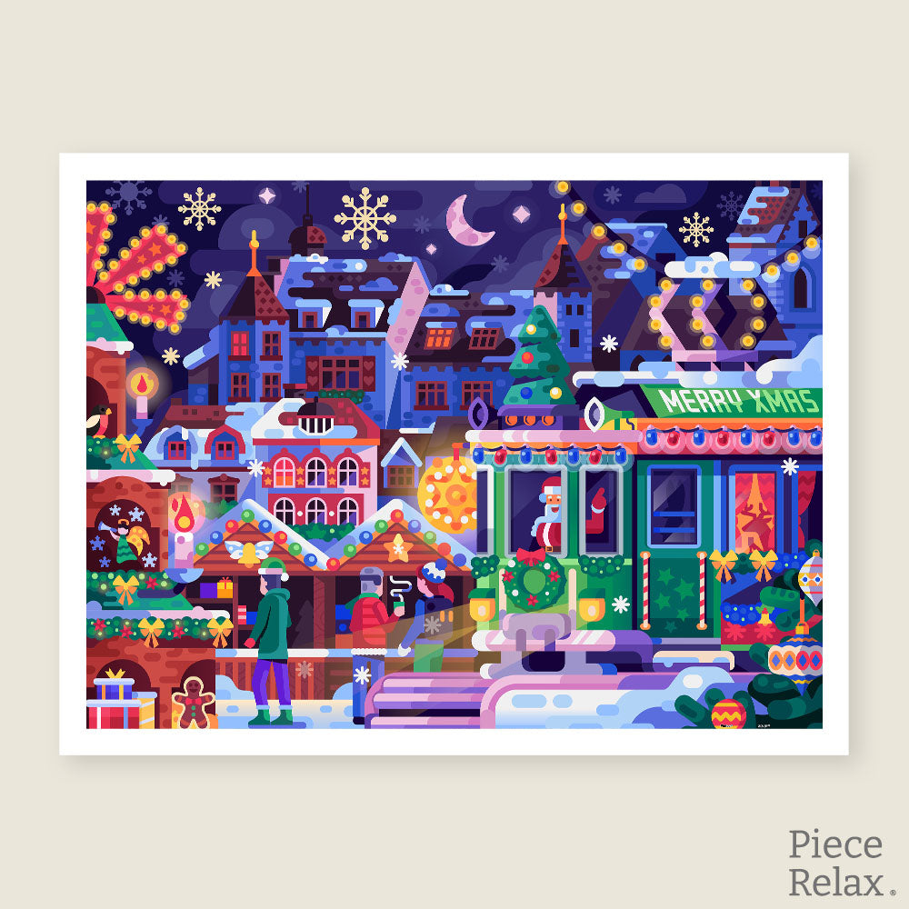 his vibrant 1200-piece puzzle captures the magic of a snowy Christmas market, filled with twinkling lights, joyful decorations, and holiday cheer.