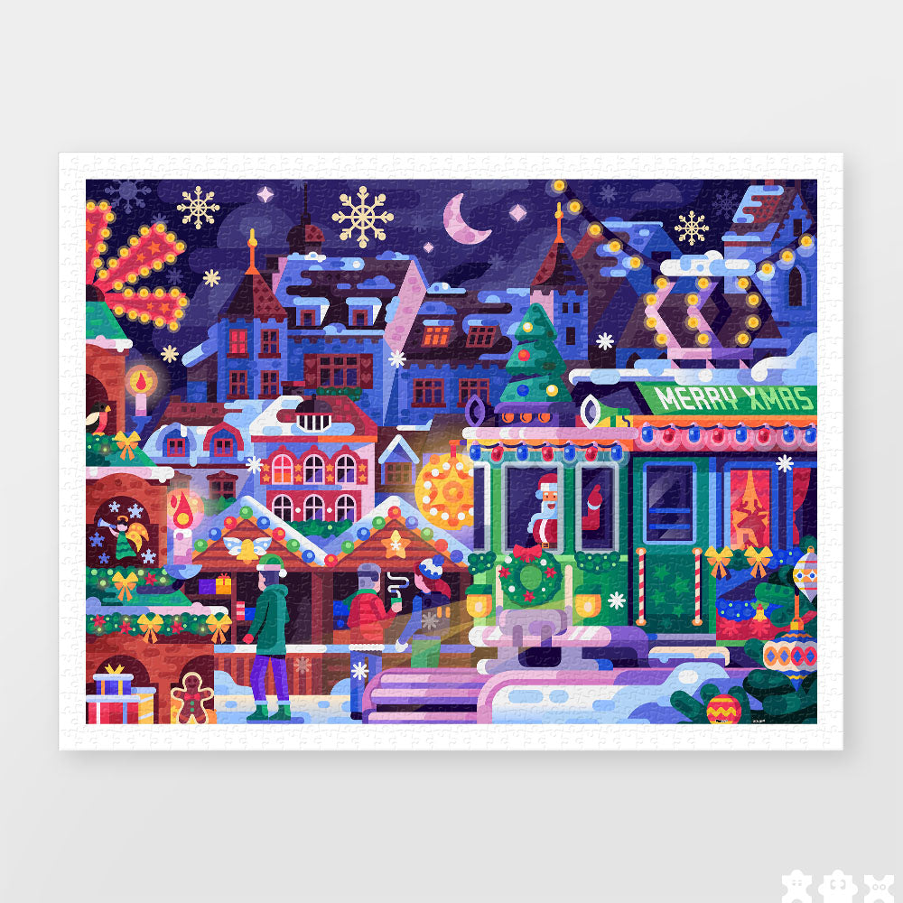 his vibrant 1200-piece puzzle captures the magic of a snowy Christmas market, filled with twinkling lights, joyful decorations, and holiday cheer.