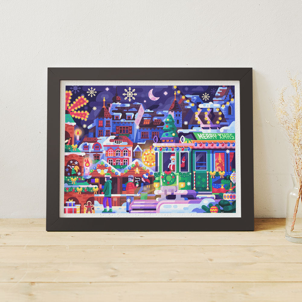 his vibrant 1200-piece puzzle captures the magic of a snowy Christmas market, filled with twinkling lights, joyful decorations, and holiday cheer.