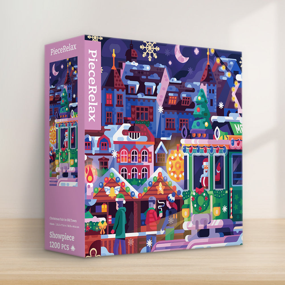 his vibrant 1200-piece puzzle captures the magic of a snowy Christmas market, filled with twinkling lights, joyful decorations, and holiday cheer.