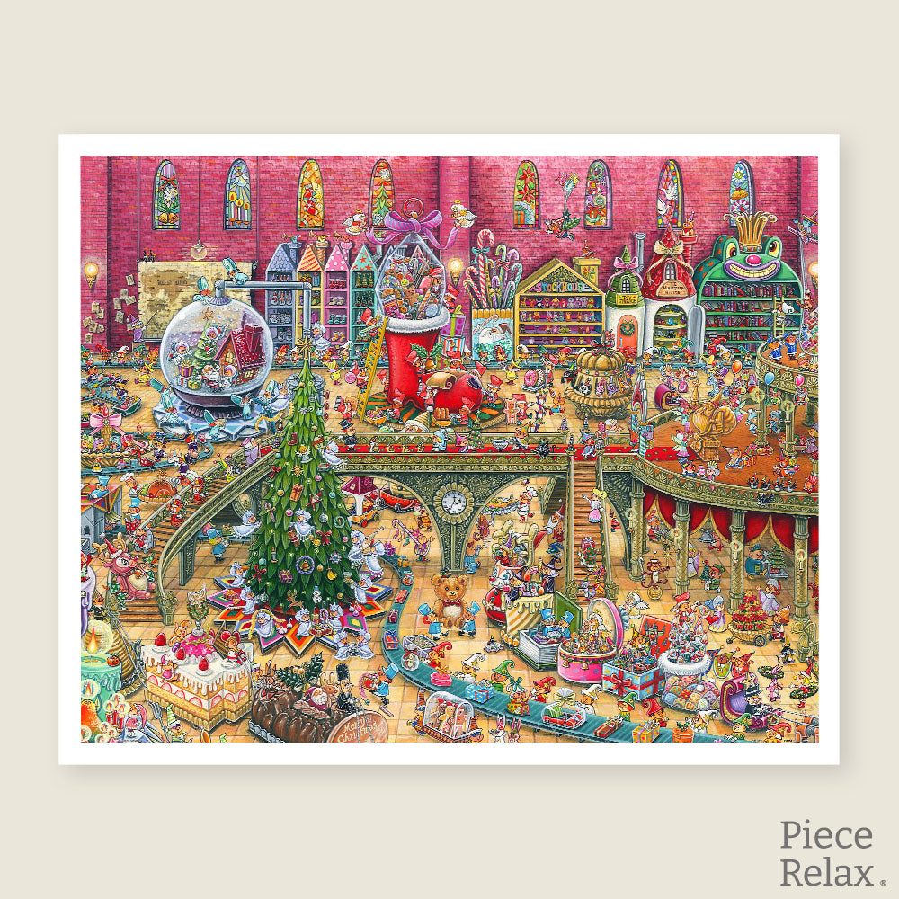 This lively 2000-piece puzzle bursts with holiday cheer, capturing the bustling activity of Santa's workshop filled with toys, decorations, and joyful elves.