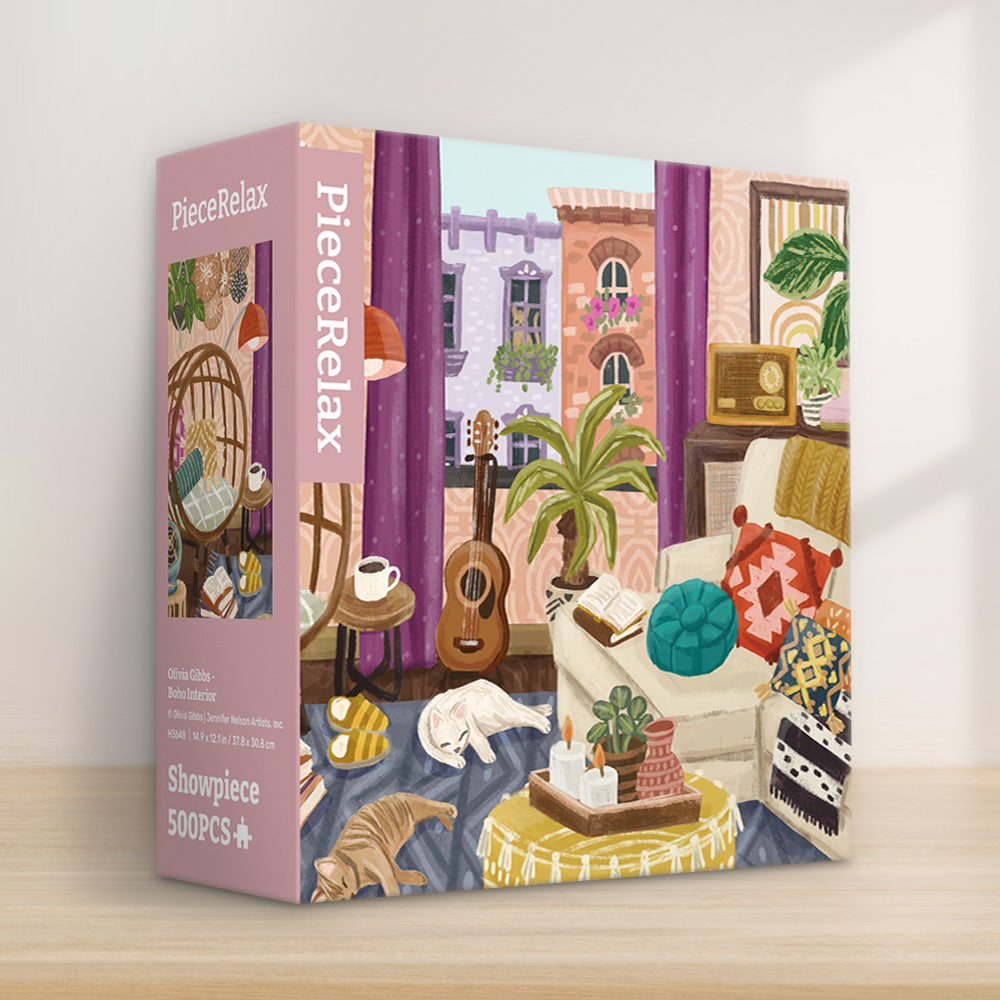 PieceRelax-Showpiece puzzle-500 piece. Step into comfort with our 500 piece "Boho Interior" puzzle. Featuring a serene living space with a guitar, plants, and cats, this puzzle is a delight. With PieceRelax, you’ll always get there, enjoying every relaxing piece.