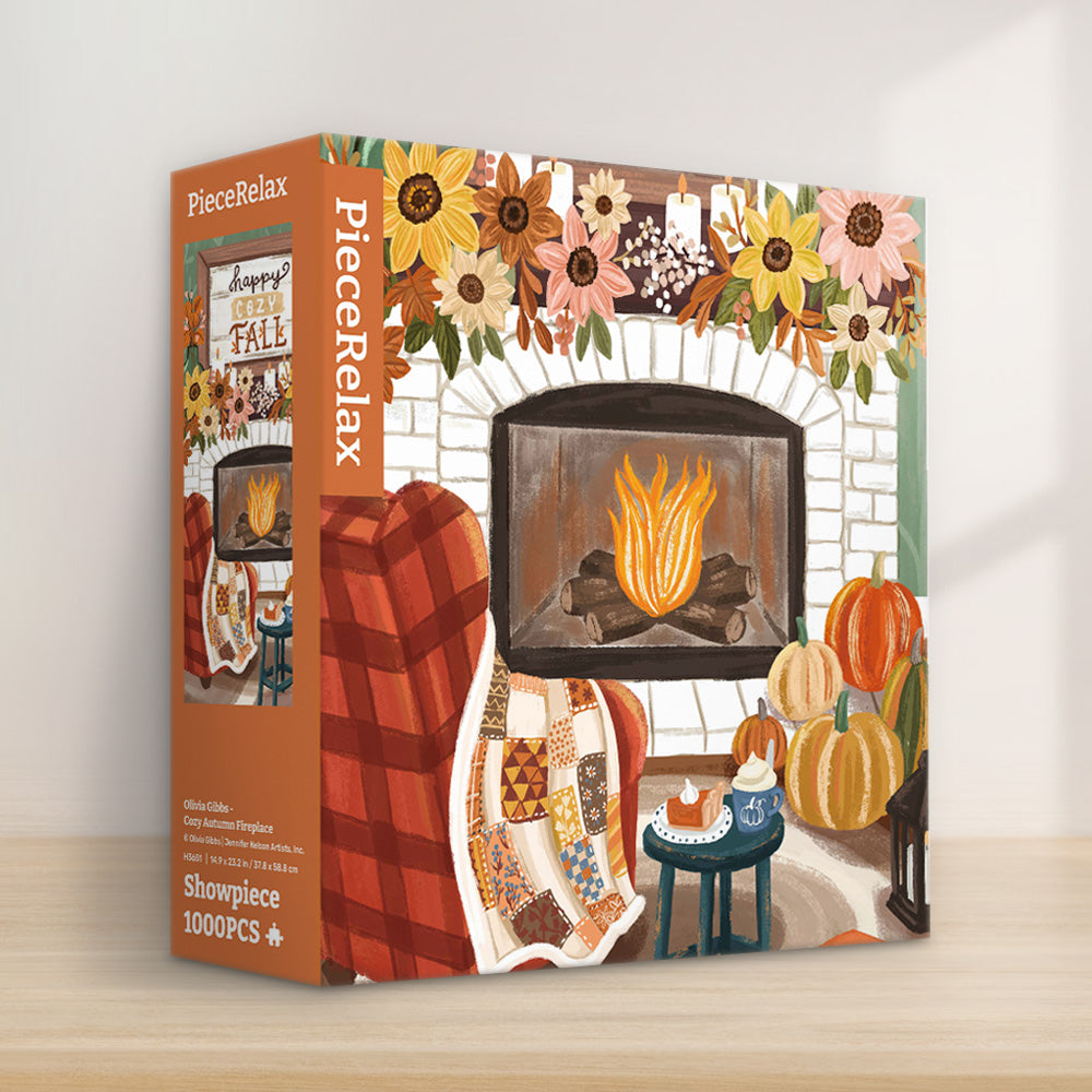 PieceRelax - Showpiece puzzle - 1000 piece. Celebrate the warmth of fall with the "Cozy Autumn Fireplace" puzzle. A welcoming fireplace scene with pumpkins and flowers invites you to relax. PieceRelax ensures you’ll always get there, embracing every cozy moment.