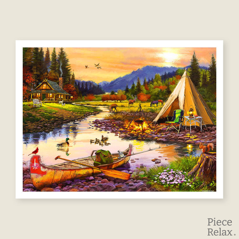 This 1200-piece puzzle beautifully captures a serene riverside campsite at sunset, with cozy cabins, peaceful waters, and wildlife all around.