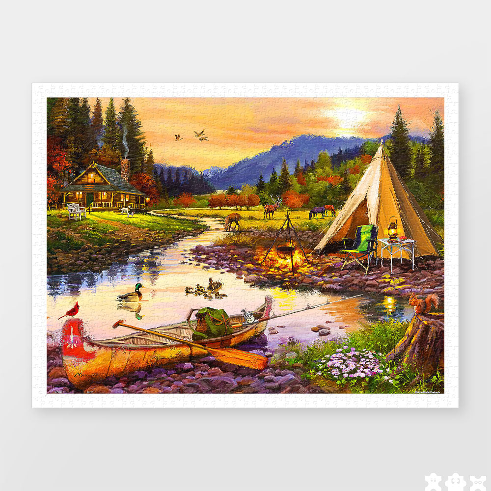 This 1200-piece puzzle beautifully captures a serene riverside campsite at sunset, with cozy cabins, peaceful waters, and wildlife all around.