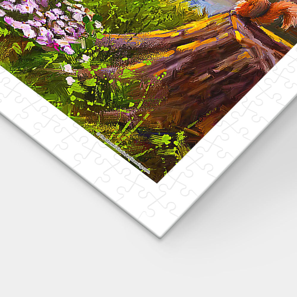 This 1200-piece puzzle beautifully captures a serene riverside campsite at sunset, with cozy cabins, peaceful waters, and wildlife all around.