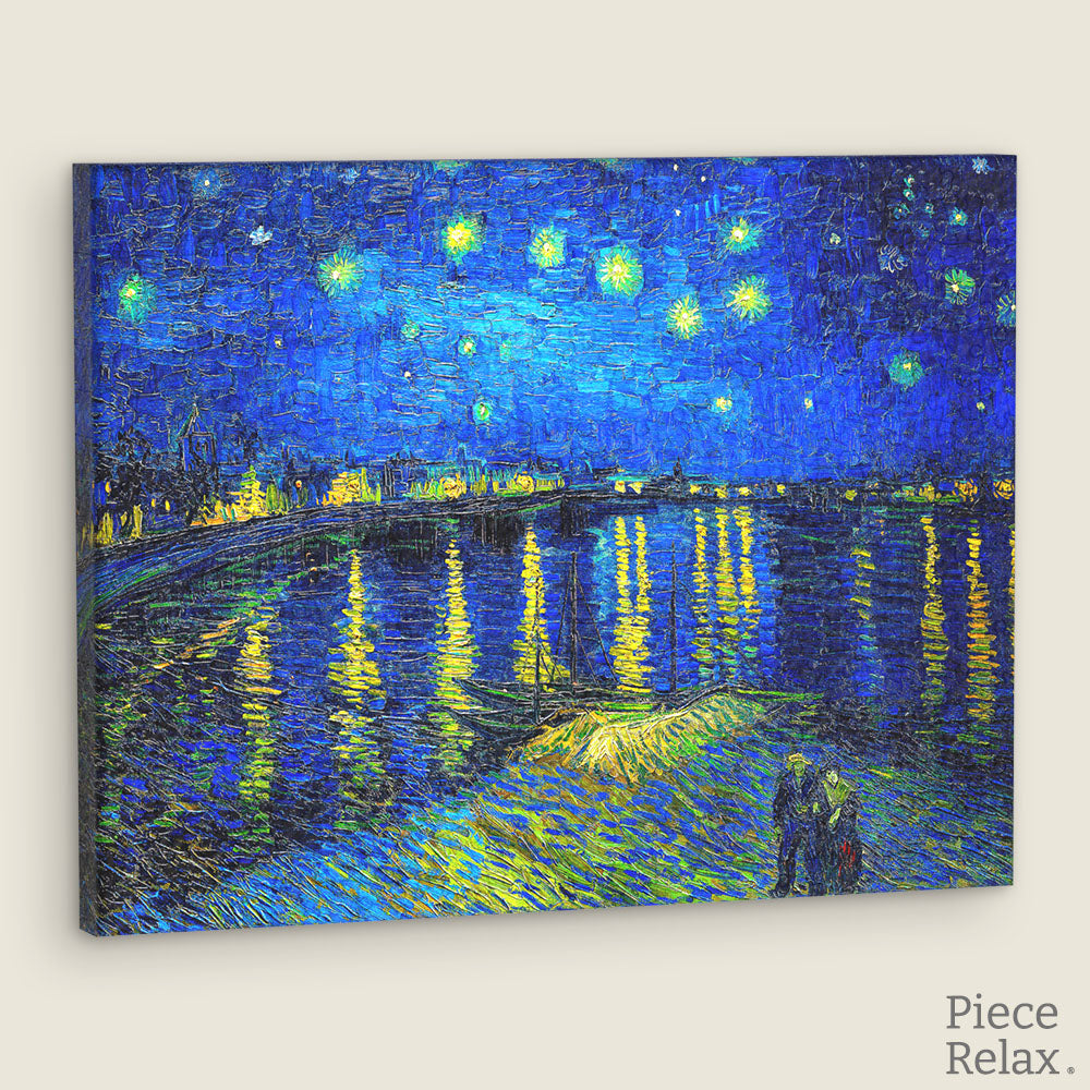 Gazing at the starry sky along the riverbank, feeling the inner peace that nature bestows upon us, with Van Gogh's artwork Starry Night Over the Rhone, in the PieceRelax canvas puzzle. You’ll Always Get There with PieceRelax.