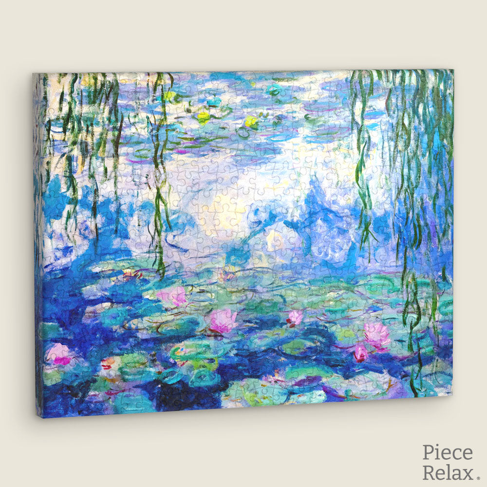 Admiring the water lilies gently swaying in the shimmering pond, with Monet's artwork Water Lilies, in the PieceRelax canvas puzzle. —You’ll Always Get There with PieceRelax.