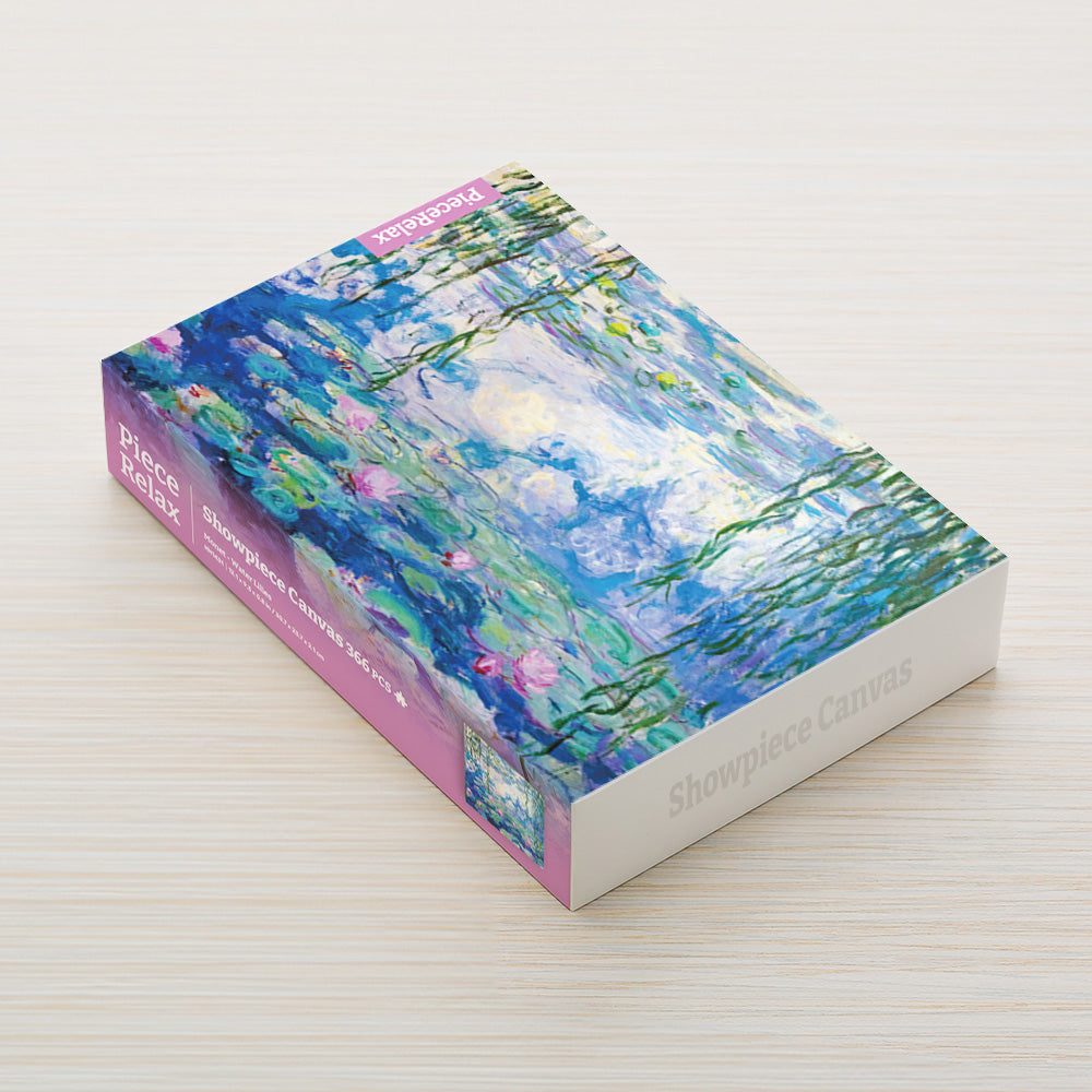 Admiring the water lilies gently swaying in the shimmering pond, with Monet's artwork Water Lilies, in the PieceRelax canvas puzzle. —You’ll Always Get There with PieceRelax.
