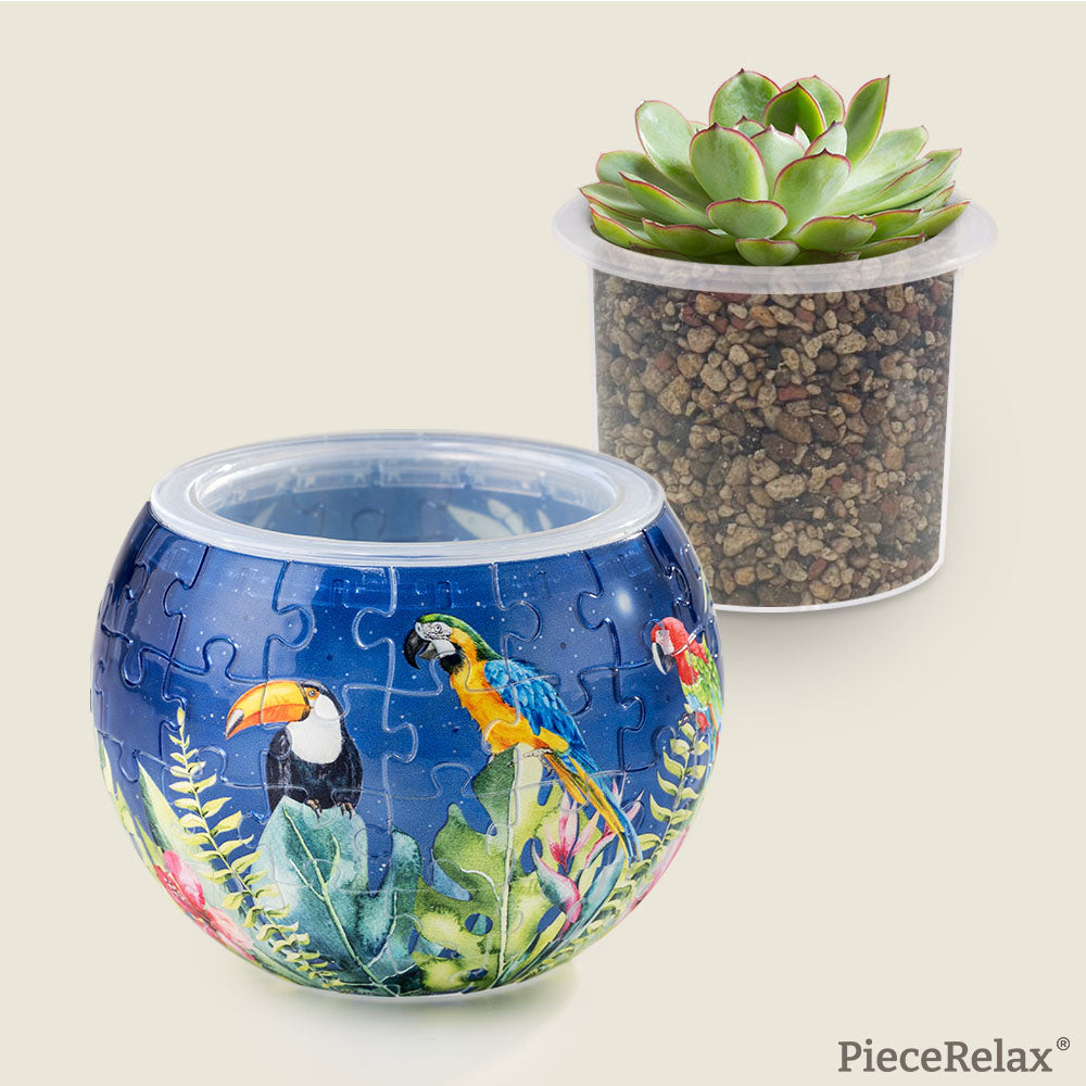 The jungle flora and birds bring life into indoor spaces. PieceRelax puzzle planter inspires your imagination, with each plant finding its perfect spot within this beautiful puzzle plant pot.