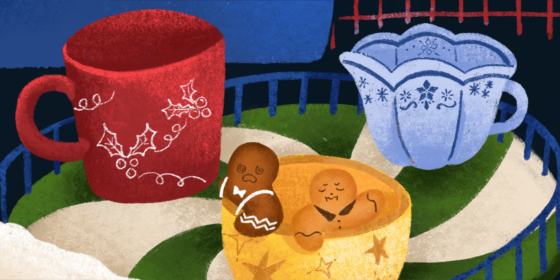 PieceRelax-2024 Advent calendar puzzle! Gingerbread figures enjoying a festive tea party in colorful cups on a merry-go-round.