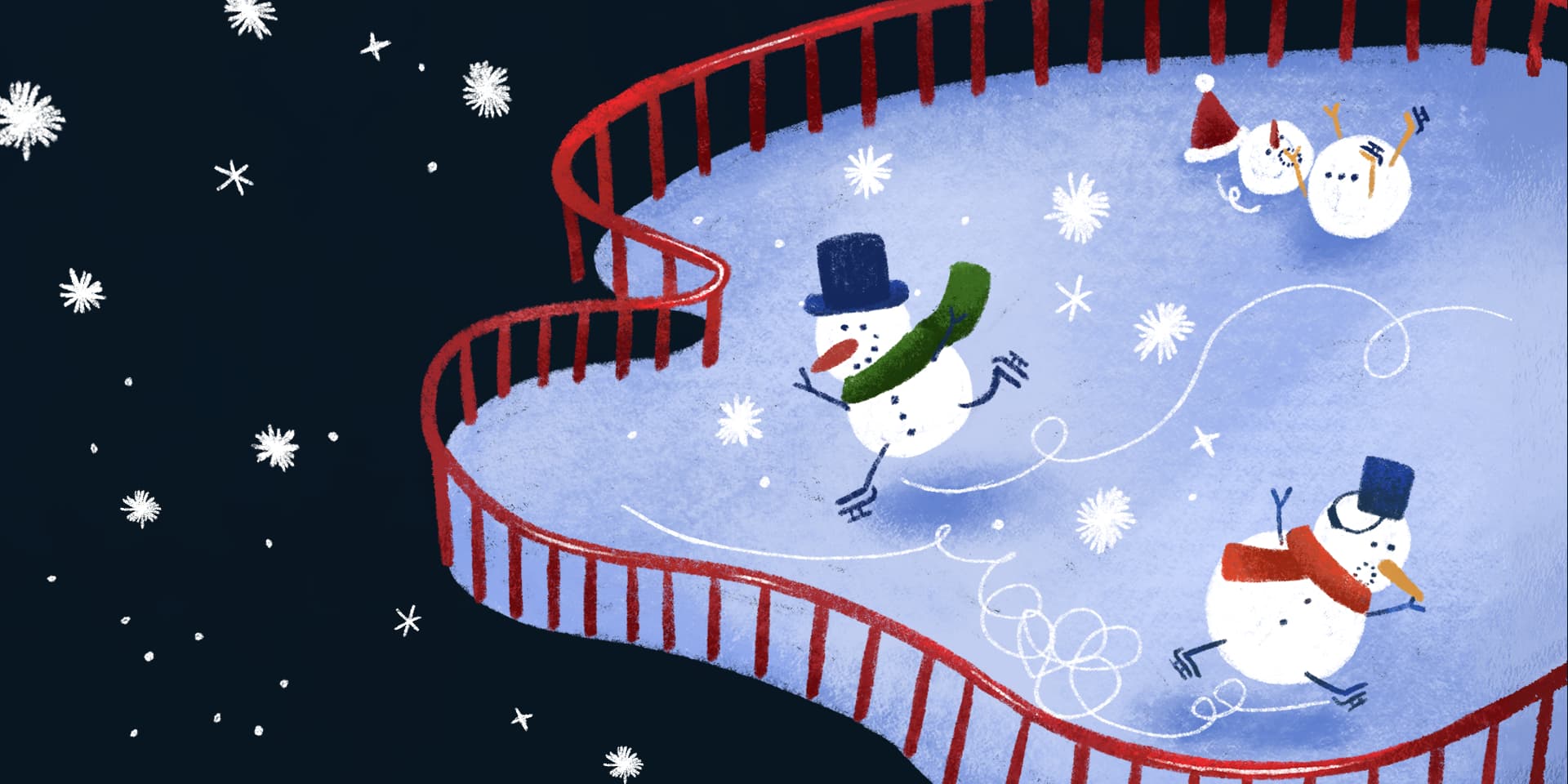 PieceRelax-2024 Advent calendar puzzle! Snowmen ice skating on a festive rink, having fun in the winter wonderland.