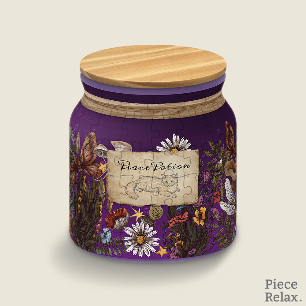 PieceRelax | 96 piece puzzle jar. With delicate floral patterns and a peaceful kitten, PieceRelax offers a moment of pure calm.