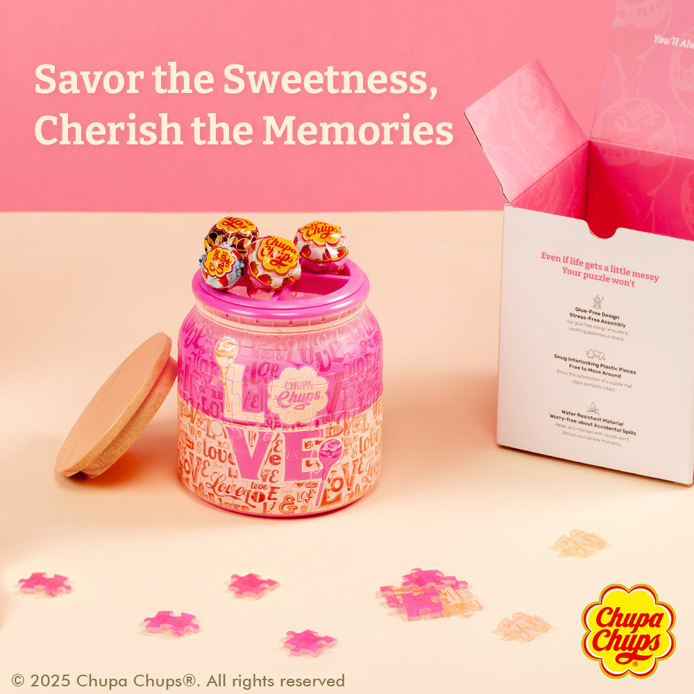 PieceRelax | Unwrap love with PieceRelax! This 96-piece jar puzzle features vibrant Chupa Chups designs and an innovative glue-free assembly. Packed in a charming reusable jar, it’s a perfect gift for spreading sweetness and love. With PieceRelax, you’ll always get there!