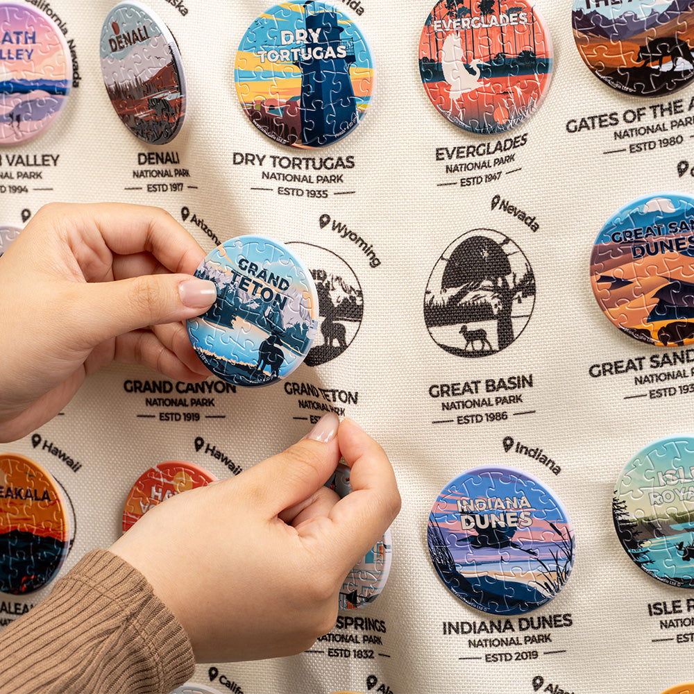 PieceRelax| Celebrate America's natural wonders with PieceRelax's U.S. National Park Puzzle Badges! Each badge showcases a different park, perfect for puzzle and travel lovers alike.