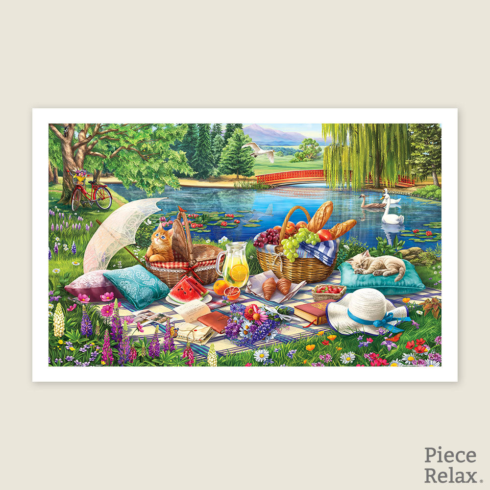 PieceRelax| 1000 piece puzzle. Step into a serene picnic by the lake with PieceRelax! This vibrant puzzle features a beautiful outdoor scene filled with colorful details. Enjoy the relaxing journey of piecing together nature's beauty. 