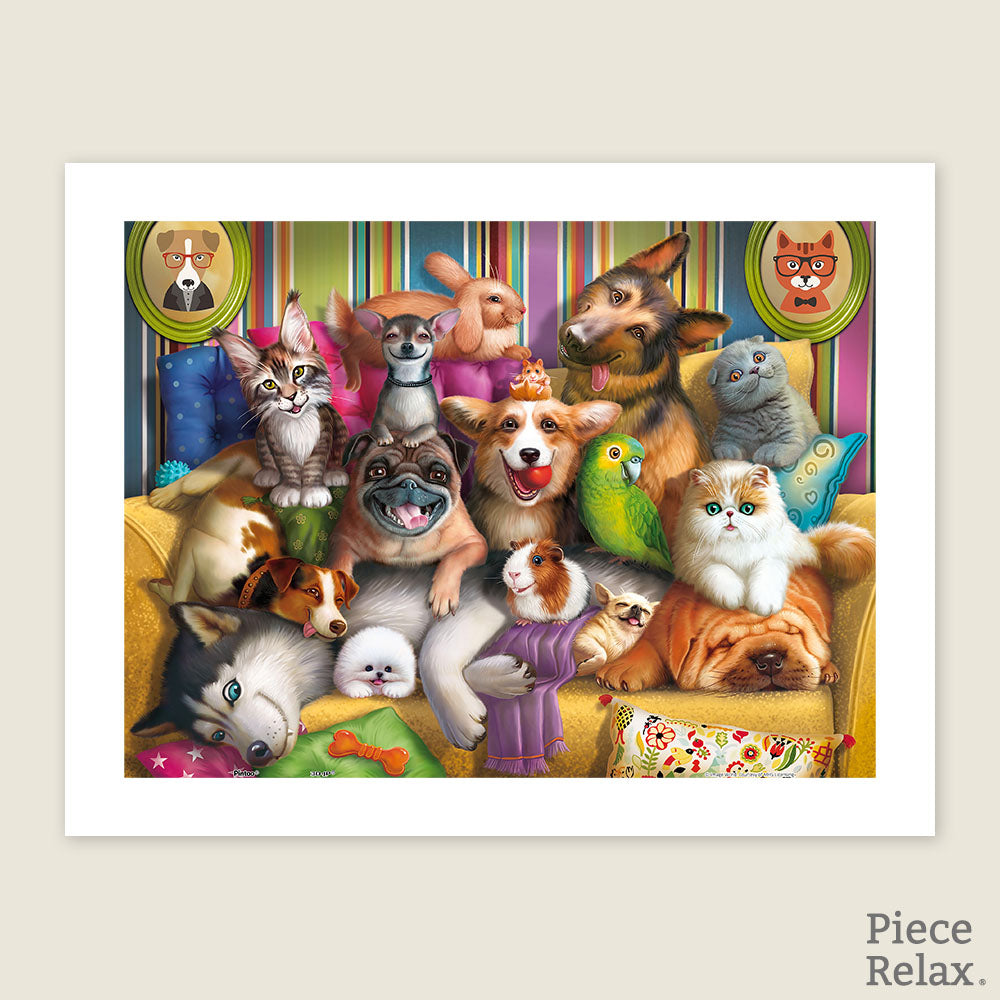 PieceRelax | 300 piece puzzle. Delight in the 'Cute Pet Portrait' puzzle. This charming scene showcases a joyful group of pets, including dogs, cats, and even a parrot. 